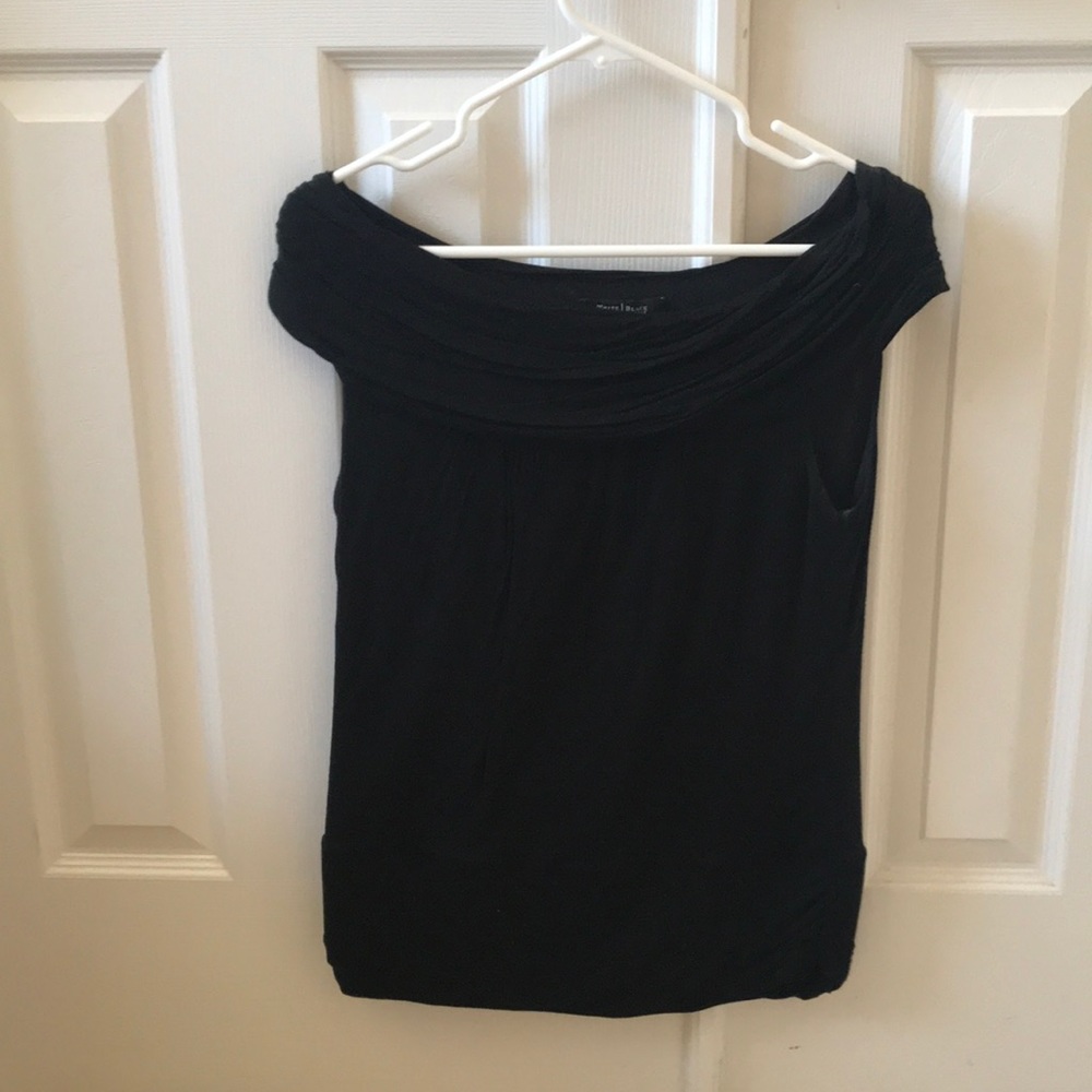 Black top. Slightly off shoulder.  Banded bottom